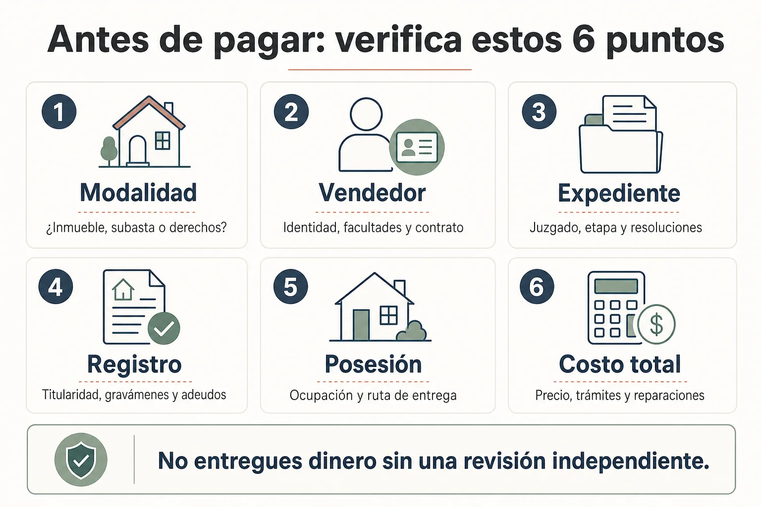 Seis verificaciones antes de pagar: modalidad, vendedor, expediente, registro, posesión y costo total.