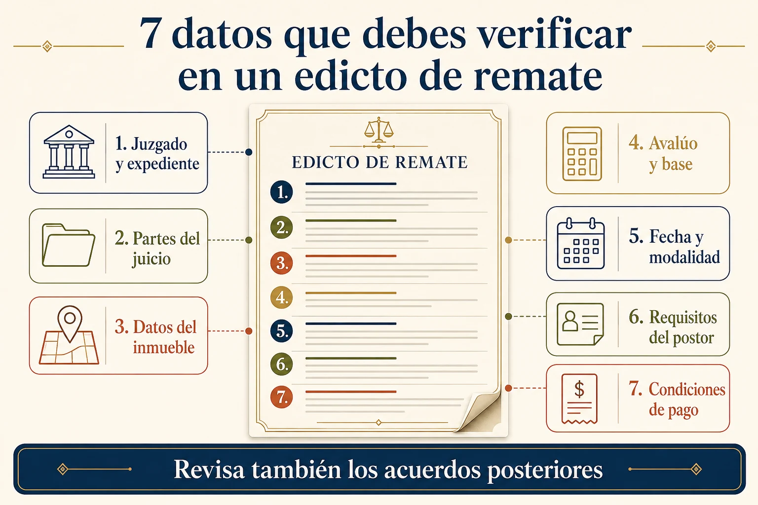 Infografía con siete datos para verificar en un edicto de remate judicial.