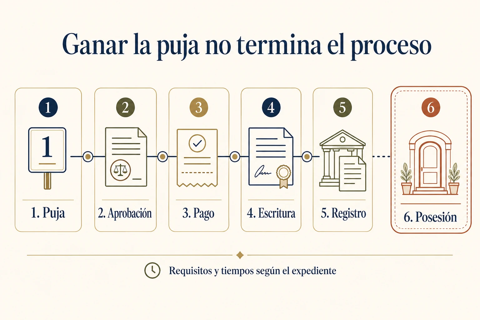 Proceso posterior a una subasta judicial: aprobación, pago, escritura, registro y posesión.